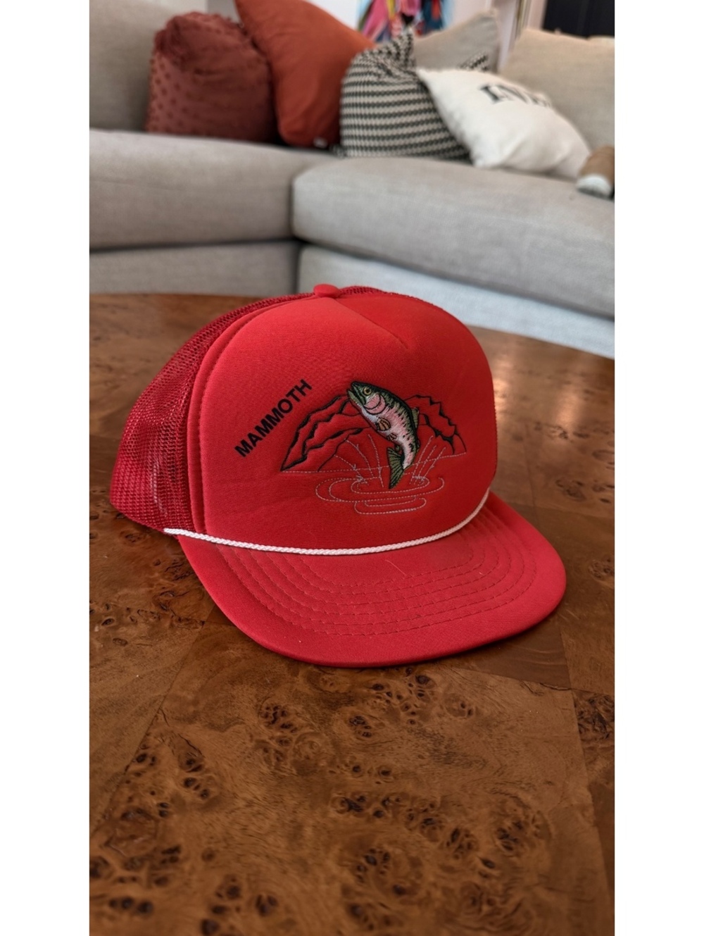 Mammoth Red Mesh Trucker Hat with Fish Embroidery